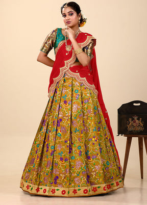 3 Pc Mustard Silk Semi Stitched Lehenga Set - Indian Silk House Agencies