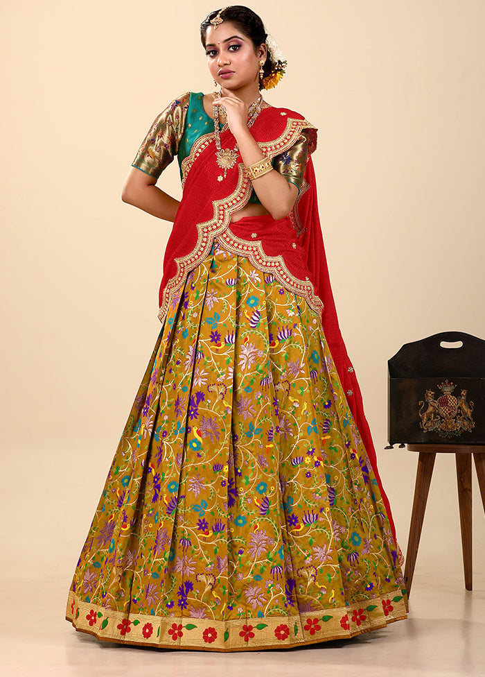 3 Pc Mustard Silk Semi Stitched Lehenga Set - Indian Silk House Agencies