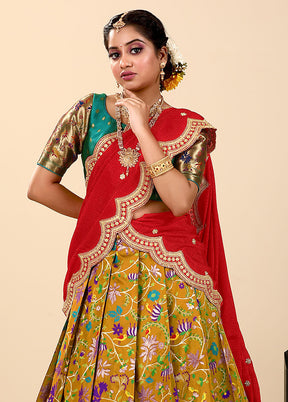 3 Pc Mustard Silk Semi Stitched Lehenga Set - Indian Silk House Agencies