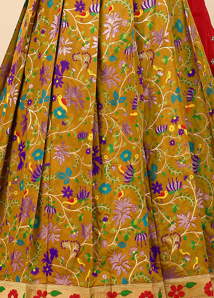 3 Pc Mustard Silk Semi Stitched Lehenga Set - Indian Silk House Agencies