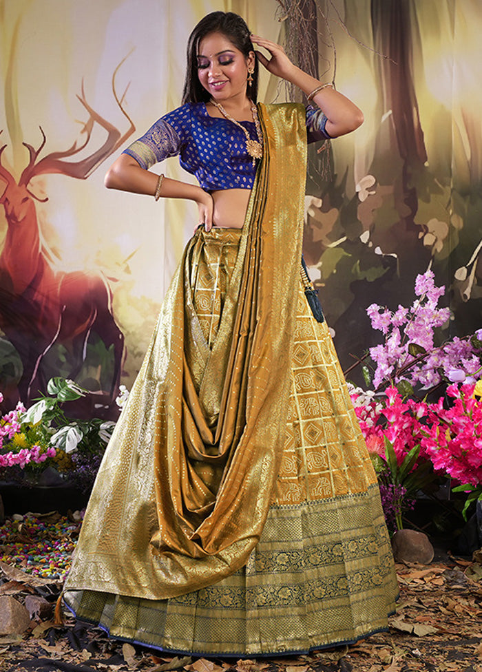 3 Pc Mustard Silk Semi Stitched Lehenga Set - Indian Silk House Agencies