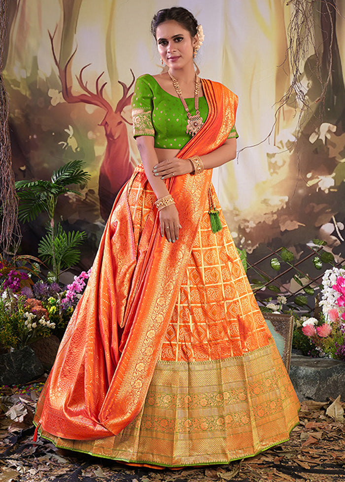 3 Pc Orange Silk Semi Stitched Lehenga Set - Indian Silk House Agencies