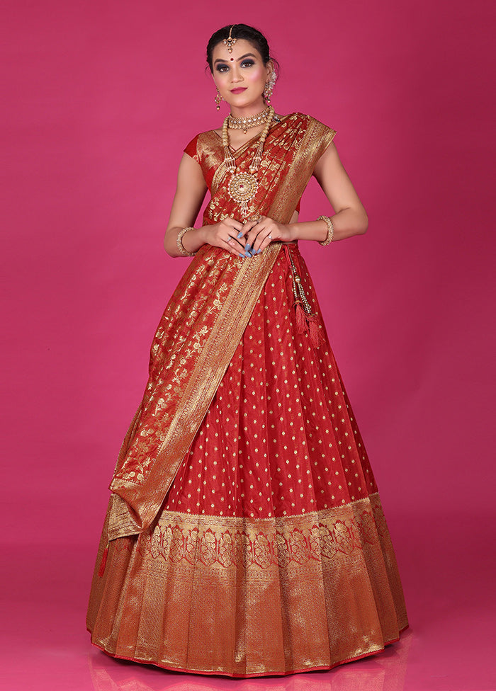 3 Pc Red Silk Semi Stitched Lehenga Set - Indian Silk House Agencies