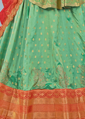 3 Pc Light Green Silk Semi Stitched Lehenga Set - Indian Silk House Agencies