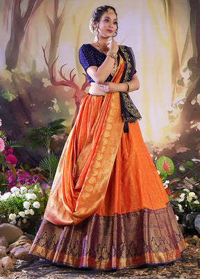 3 Pc Orange Silk Semi Stitched Lehenga Set - Indian Silk House Agencies