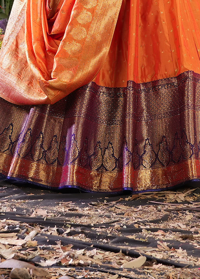 3 Pc Orange Silk Semi Stitched Lehenga Set - Indian Silk House Agencies