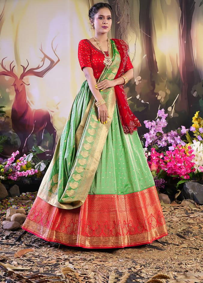 3 Pc Light Green Silk Semi Stitched Lehenga Set - Indian Silk House Agencies