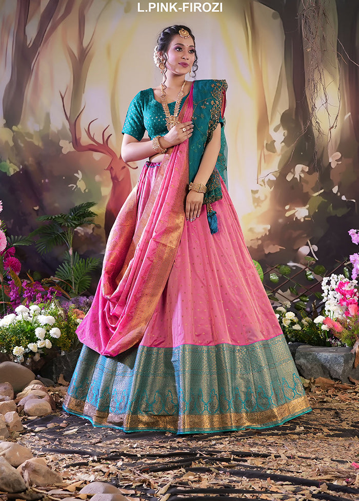 3 Pc Light Pink Silk Semi Stitched Lehenga Set - Indian Silk House Agencies