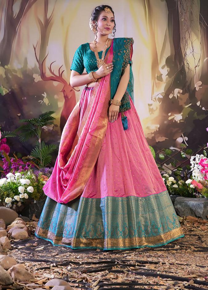 3 Pc Light Pink Silk Semi Stitched Lehenga Set - Indian Silk House Agencies