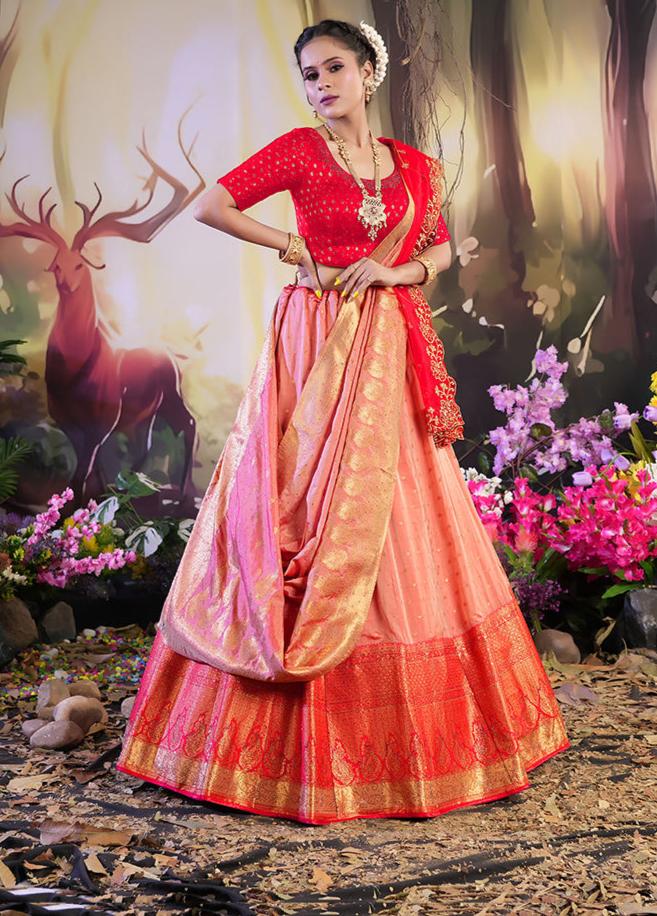 3 Pc Red Silk Semi Stitched Lehenga Set - Indian Silk House Agencies