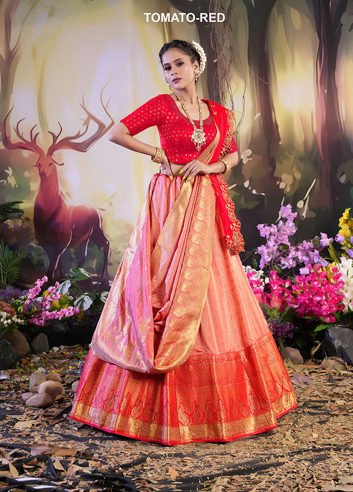 3 Pc Red Silk Semi Stitched Lehenga Set - Indian Silk House Agencies