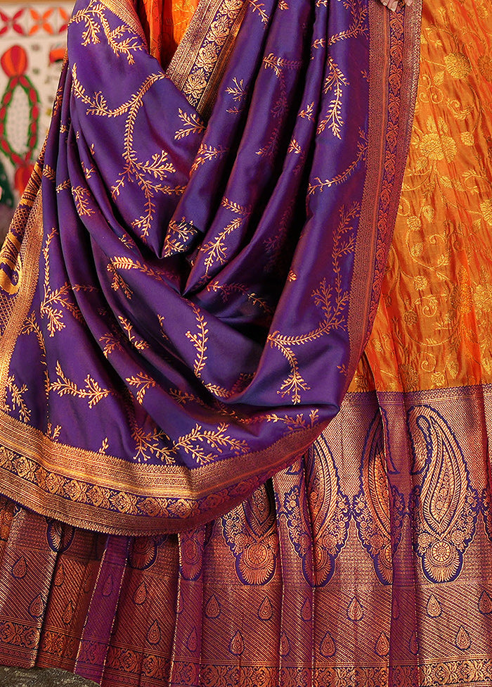 3 Pc Orange Silk Semi Stitched Lehenga Set - Indian Silk House Agencies
