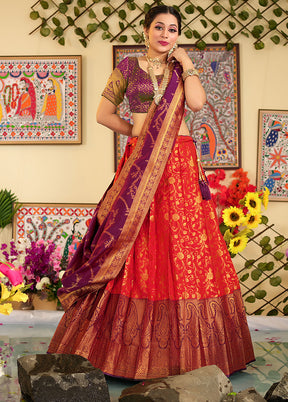 3 Pc Red Silk Semi Stitched Lehenga Set - Indian Silk House Agencies