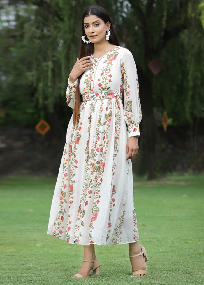 Off White Readymade Pure Silk Indian Dress