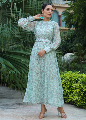 Sage Green Readymade Pure Silk Indian Dress