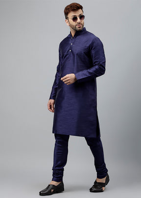 2 Pc Navy Blue Dupion Silk Kurta Pajama Set