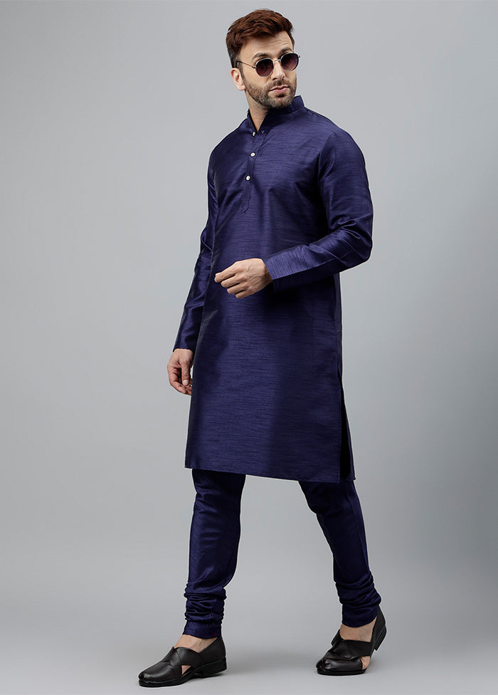 2 Pc Navy Blue Dupion Silk Kurta Pajama Set