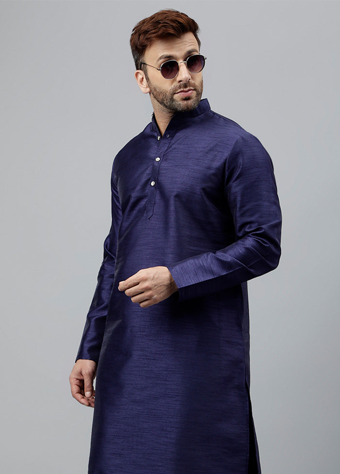 2 Pc Navy Blue Dupion Silk Kurta Pajama Set