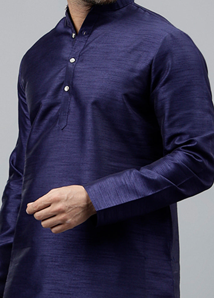 2 Pc Navy Blue Dupion Silk Kurta Pajama Set