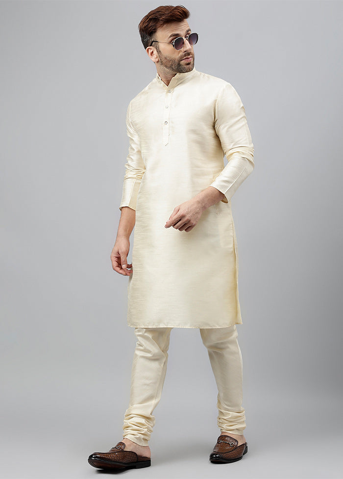 2 Pc Off White Dupion Silk Kurta Pajama Set