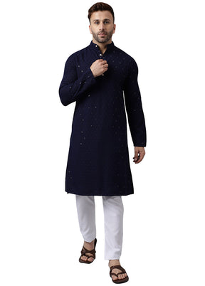 2 Pc Navy Blue Silk Kurta Pajama Set