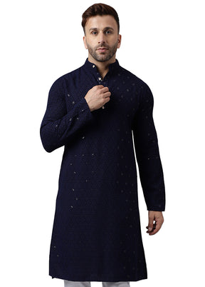 2 Pc Navy Blue Silk Kurta Pajama Set