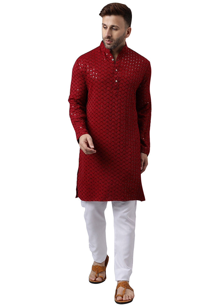 2 Pc Red Silk Kurta Pajama Set