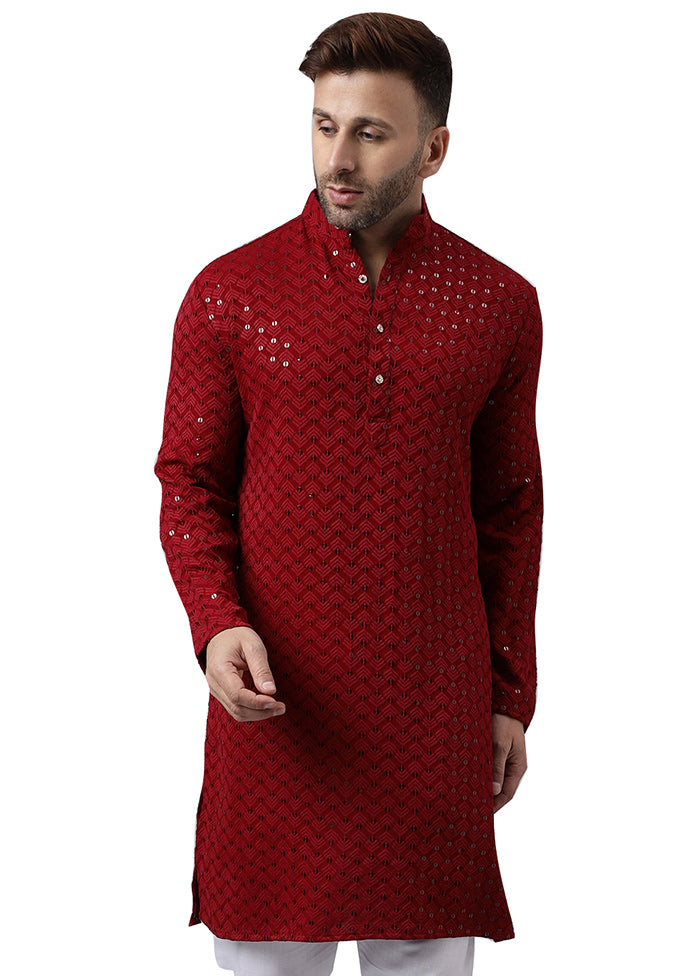 2 Pc Red Silk Kurta Pajama Set