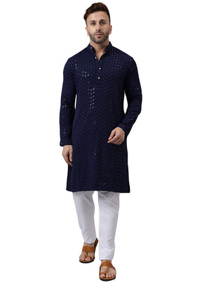 2 Pc Navy Blue Silk Kurta Pajama Set