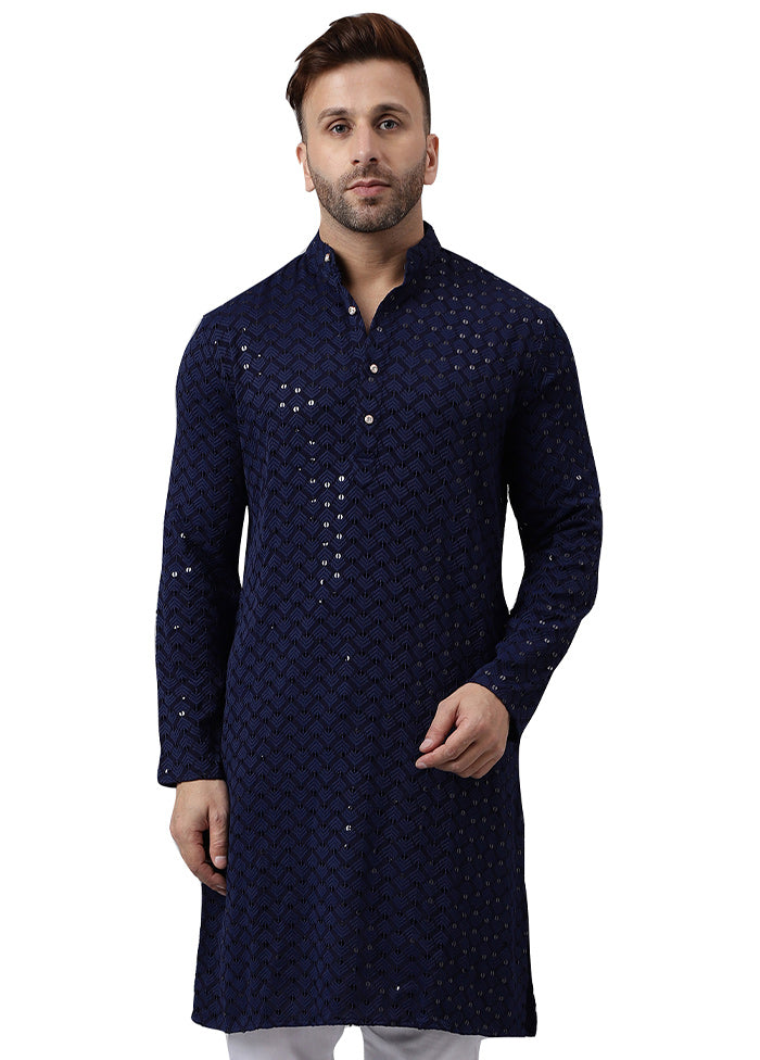 2 Pc Navy Blue Silk Kurta Pajama Set