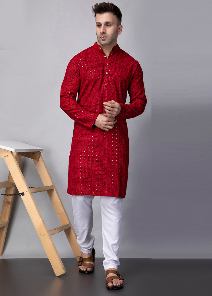 2 Pc Red Viscose Kurta Pajama Set