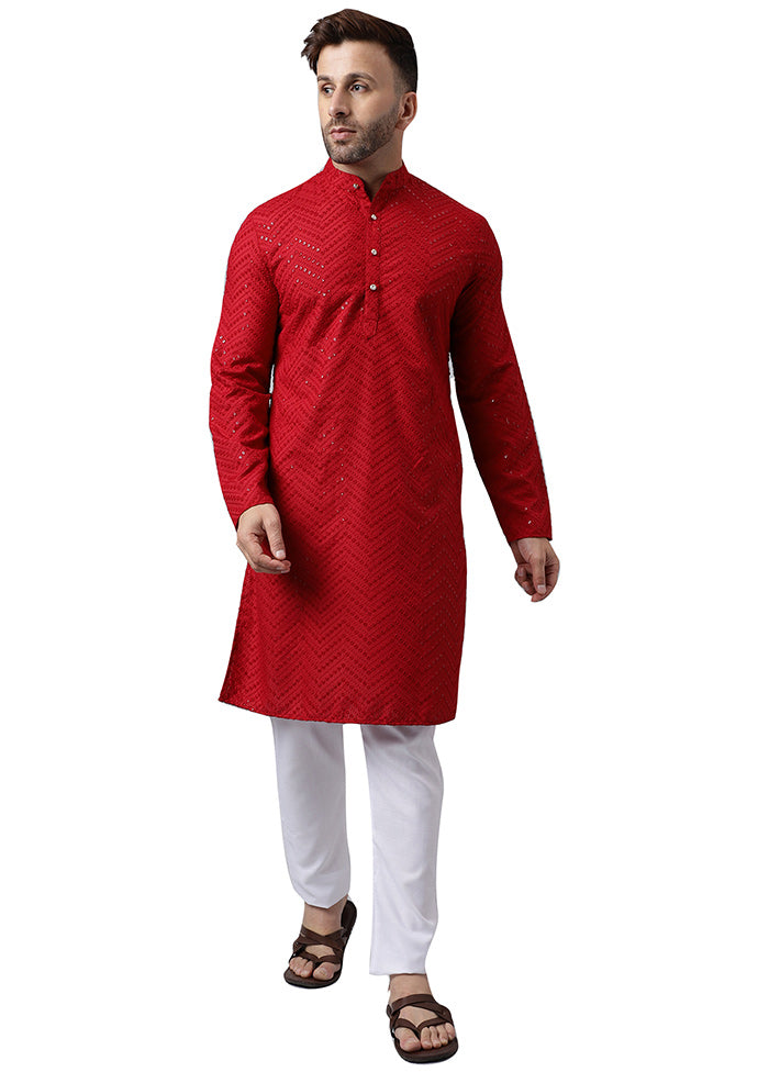 2 Pc Red Silk Kurta Pajama Set