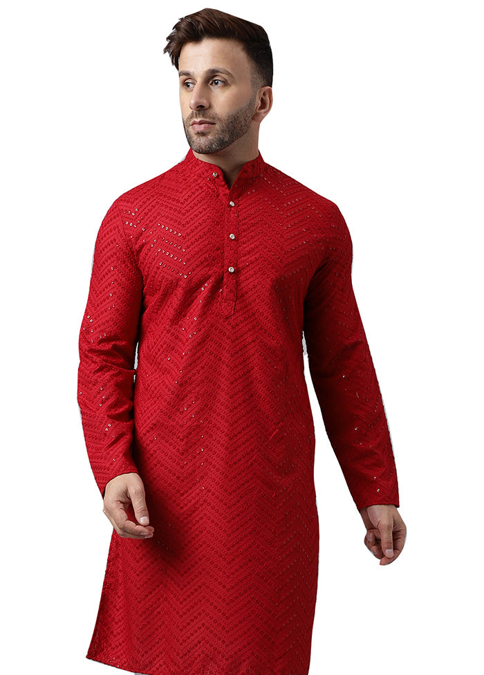 2 Pc Red Silk Kurta Pajama Set