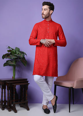 2 Pc Red Silk Kurta Pajama Set