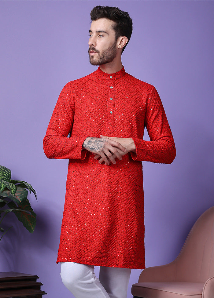 2 Pc Red Silk Kurta Pajama Set