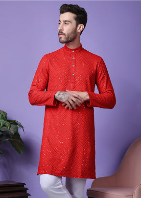 2 Pc Red Silk Kurta Pajama Set