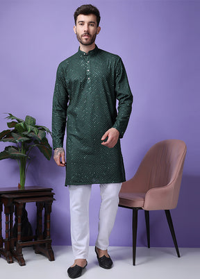 2 Pc Dark Green Silk Kurta Pajama Set