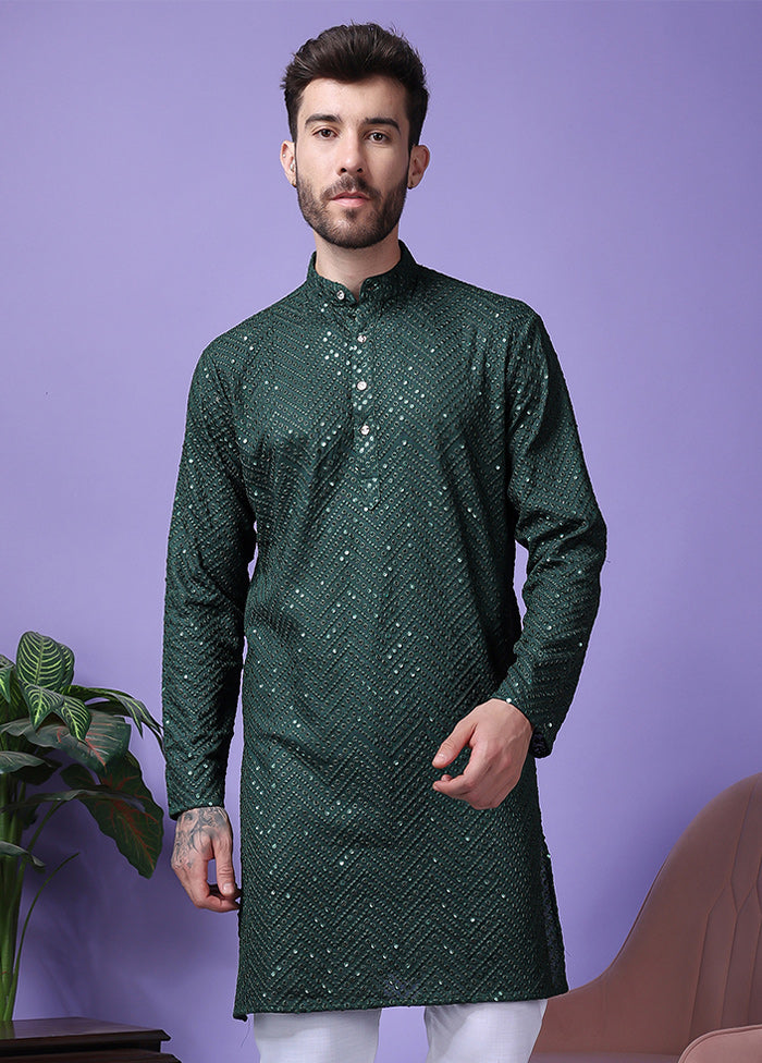 2 Pc Dark Green Silk Kurta Pajama Set