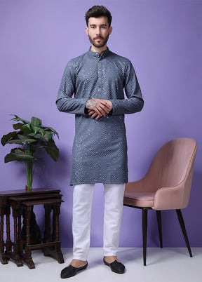 2 Pc Grey Silk Kurta Pajama Set