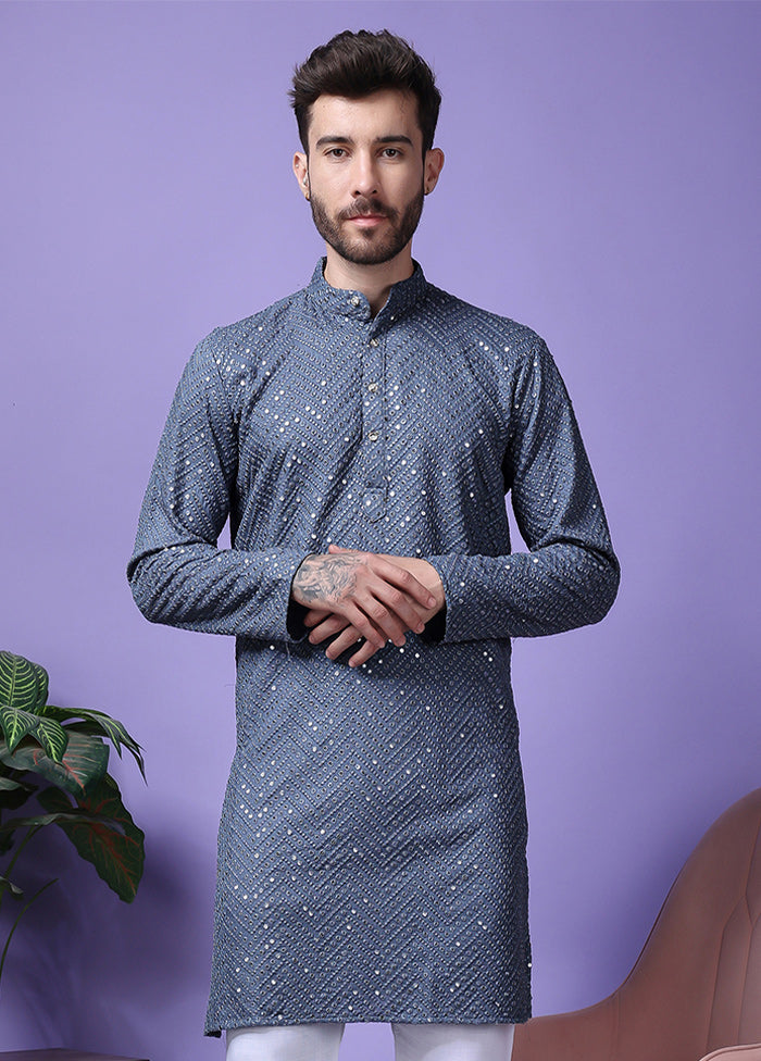 2 Pc Grey Silk Kurta Pajama Set