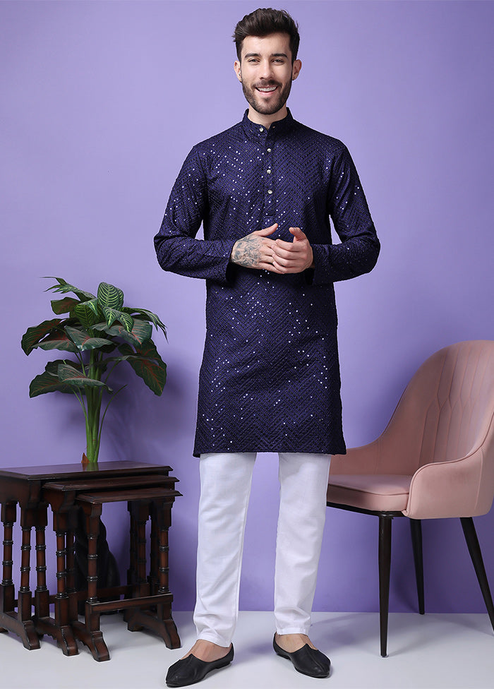 2 Pc Navy Blue Silk Kurta Pajama Set