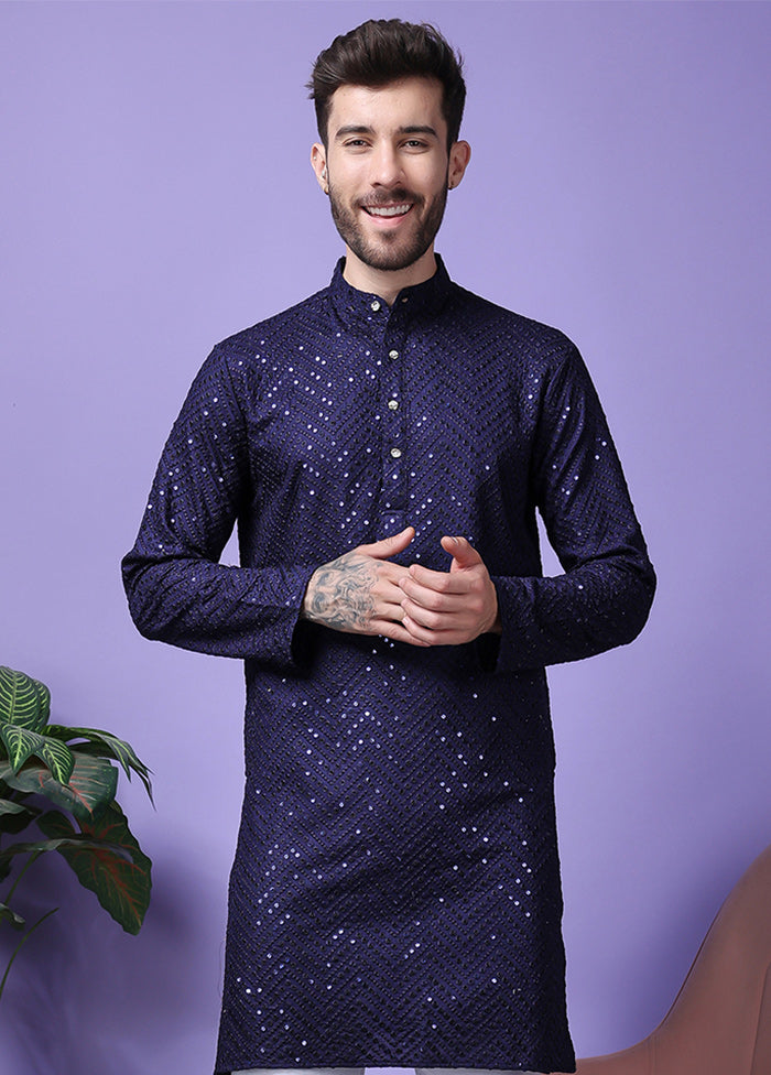 2 Pc Navy Blue Silk Kurta Pajama Set