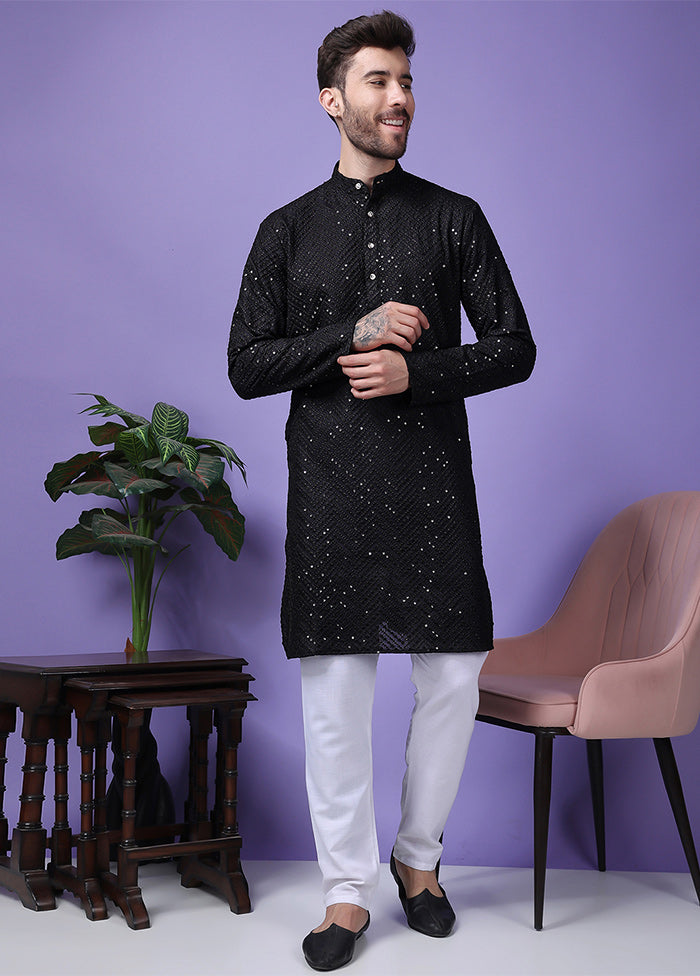 2 Pc Black Silk Kurta Pajama Set