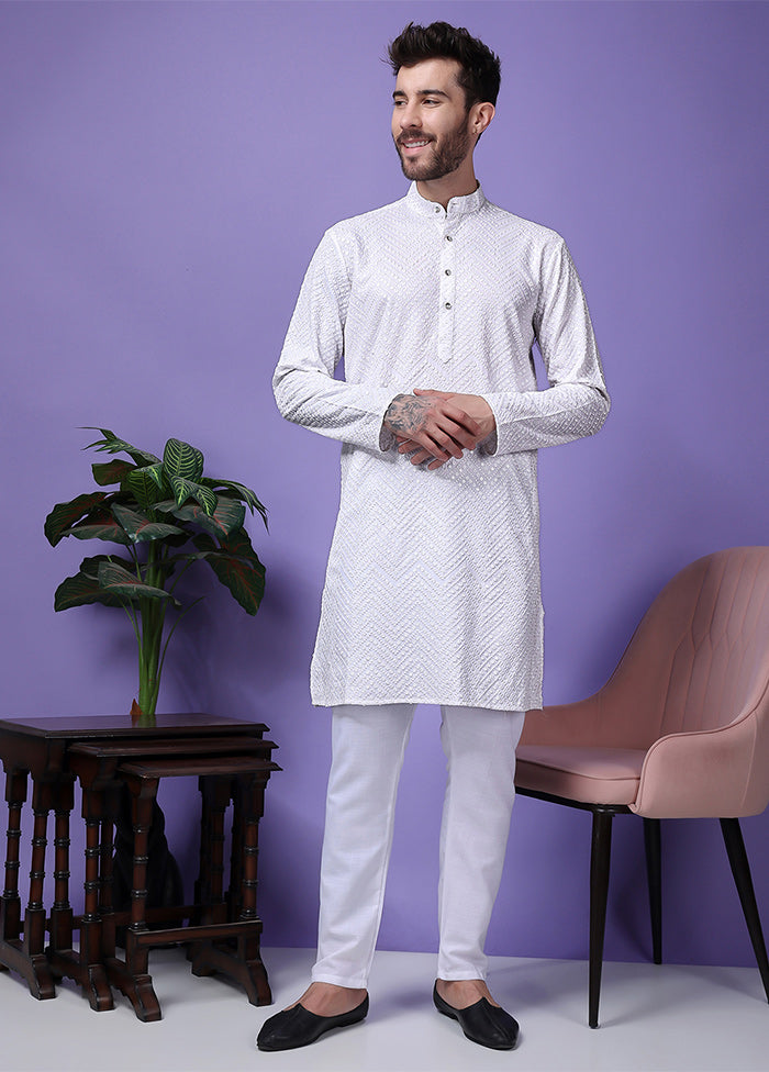 2 Pc White Silk Kurta Pajama Set