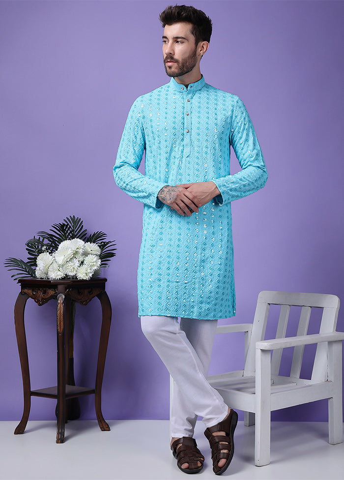 2 Pc Sky Blue Silk Kurta Pajama Set