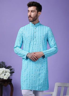 2 Pc Sky Blue Silk Kurta Pajama Set