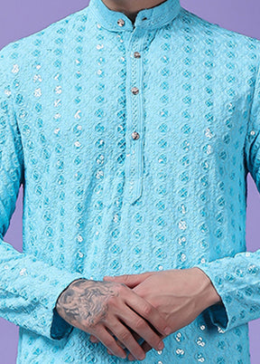 2 Pc Sky Blue Silk Kurta Pajama Set