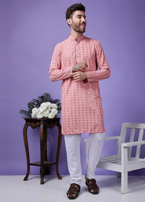 2 Pc Pink Silk Kurta Pajama Set