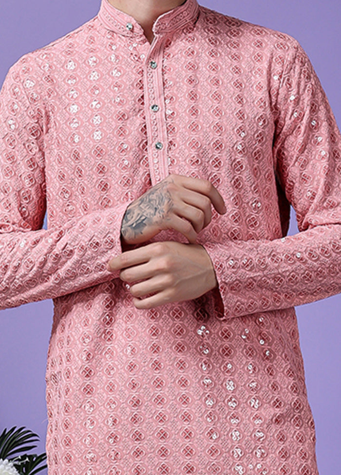 2 Pc Pink Silk Kurta Pajama Set