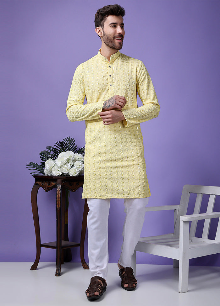 2 Pc Yellow Silk Kurta Pajama Set